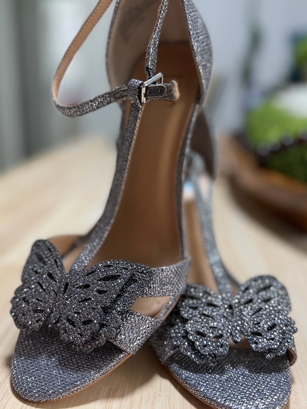 INC International Concepts Glitter Butterfly T-Strap Heels - Silver